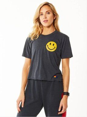 Aviator Nation Smiley Boyfriend Cropped Raw Hem Tee Charcoal Womens Small